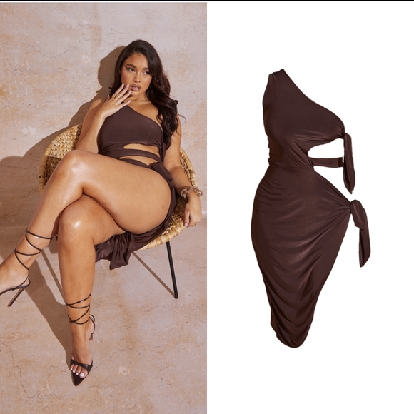 NWT PrettyLittleThing One Shoulder Tie Midi Dress - Picture 2 of 9